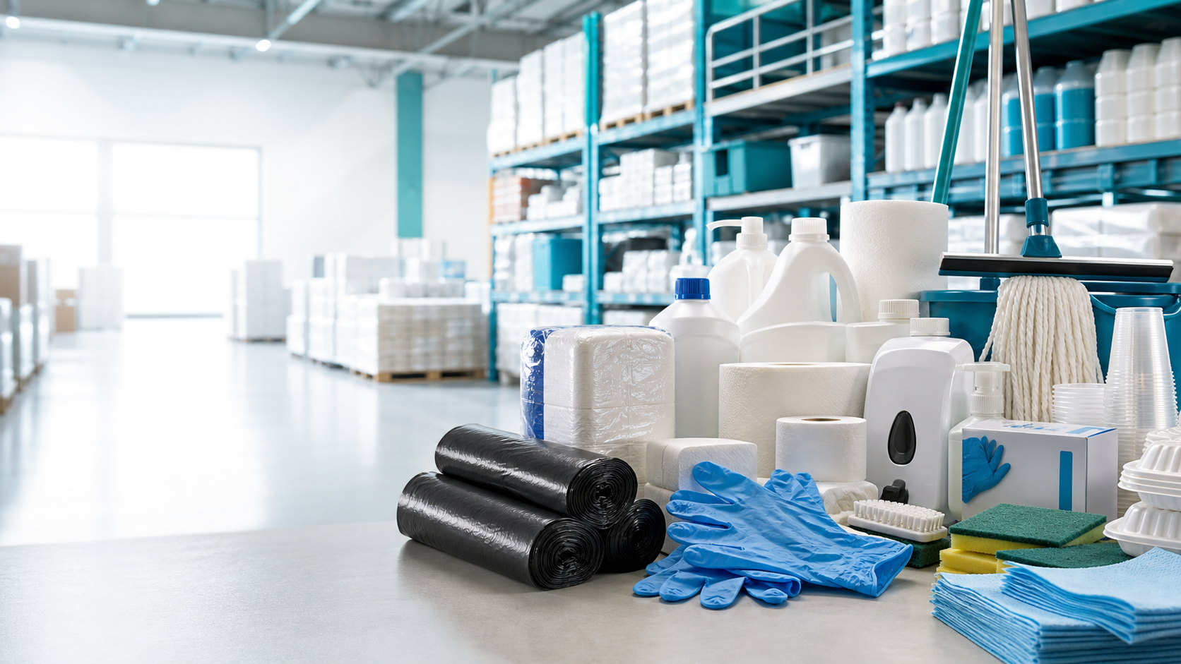 Produtos de limpeza profissional organizados para distribuição HigClean